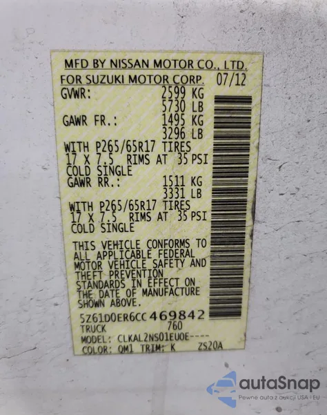 2012 Suzuki Equator Sport from USA, damaged, VIN 5Z61D0ER6CC469842